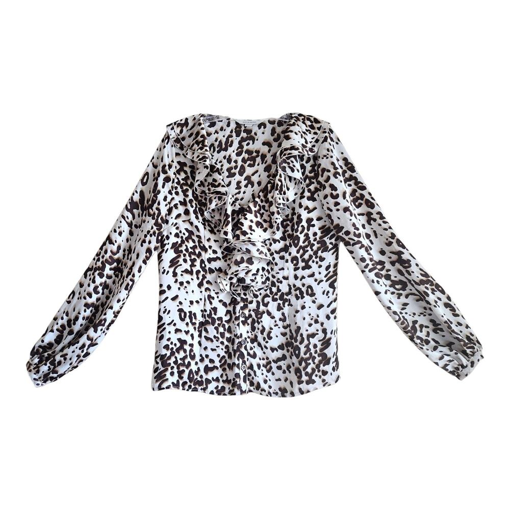 BOSTON PROPER Women's 8 Satin Blouse Ruffled V-Neck Brown Ivory Animal Print 36"